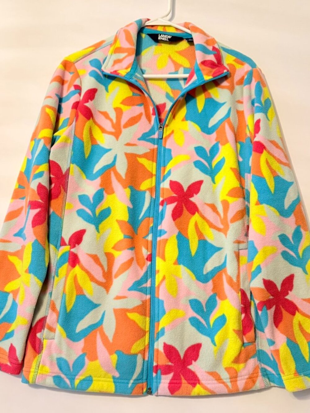 Lands' End Women's Large Colorful Floral Full Zip Fleece Jacket Soft Pockets